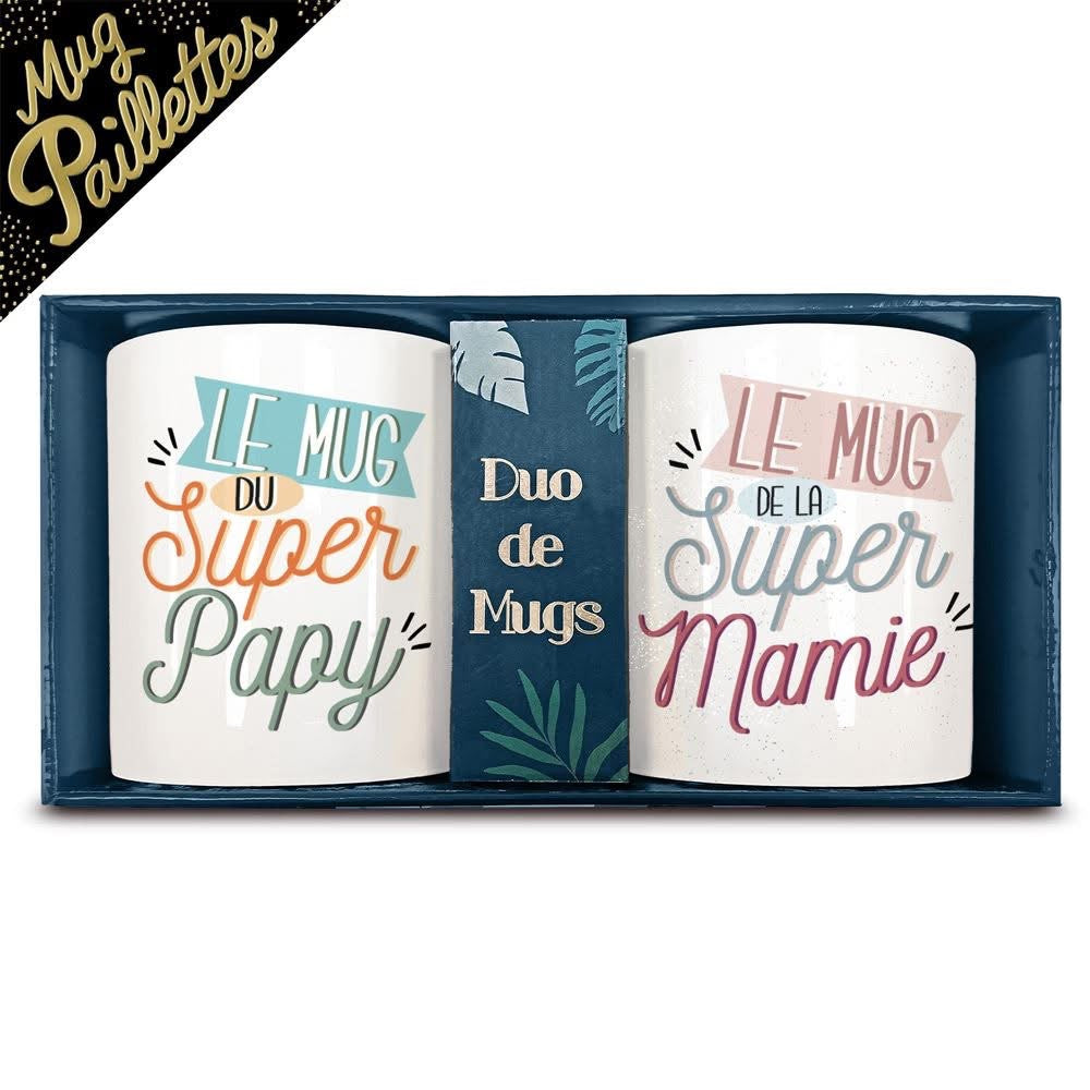 COFFRET DUO MUGS PAPY MAMIE A PAILLETTES.