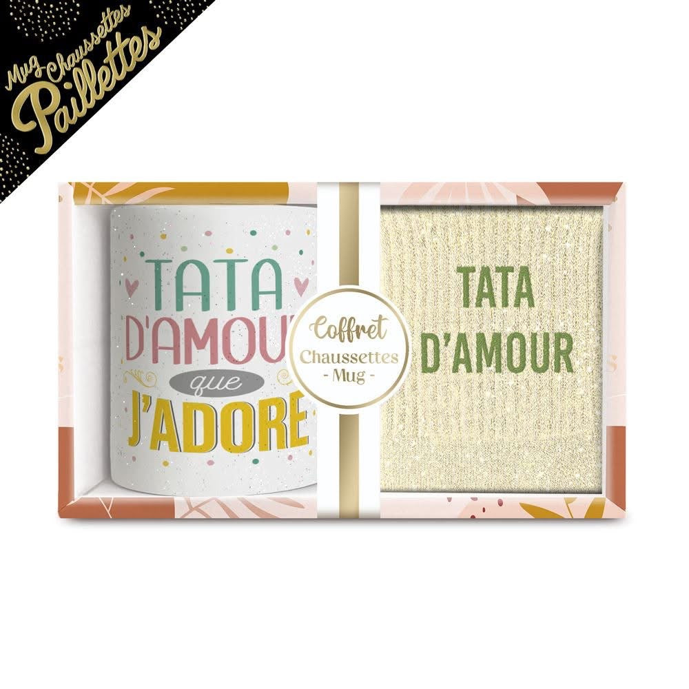 COFFRET MUG CHAUSSETTES PAILLETTES AFFECTIF TATA D AMOUR.