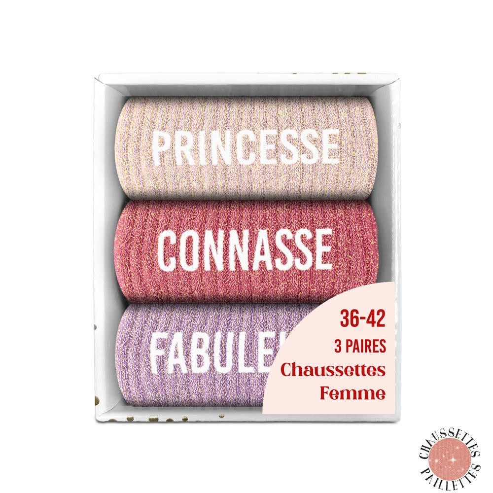 COFFRET TRIO CHAUSSETTES PAILLETTES PRINCESSE.
