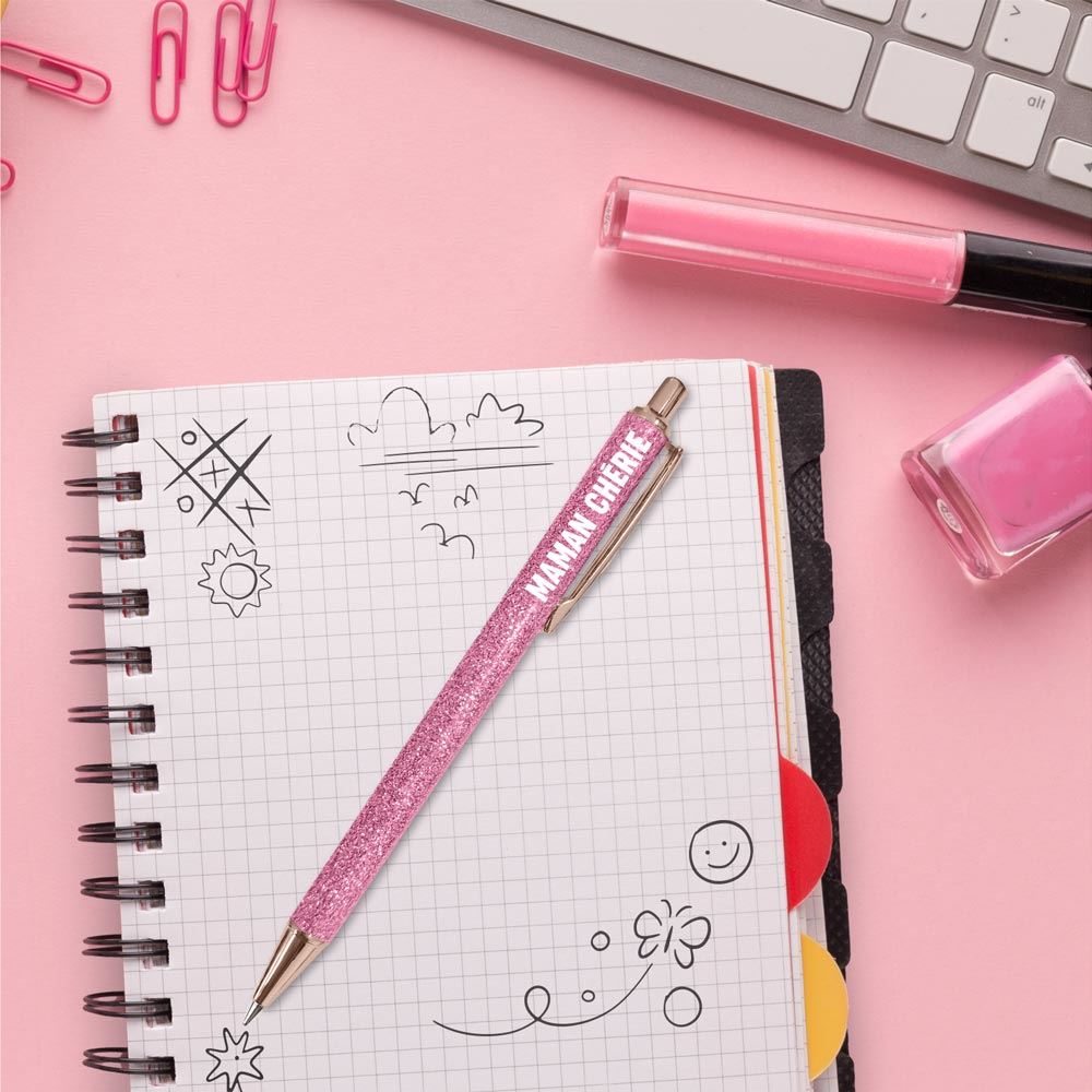 Stylo a paillettes rose maman chérie