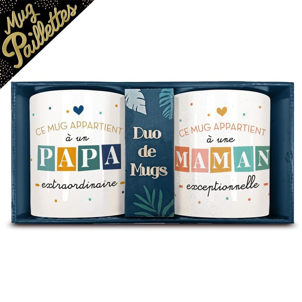 Coffret duo mugs papa maman à paillettes